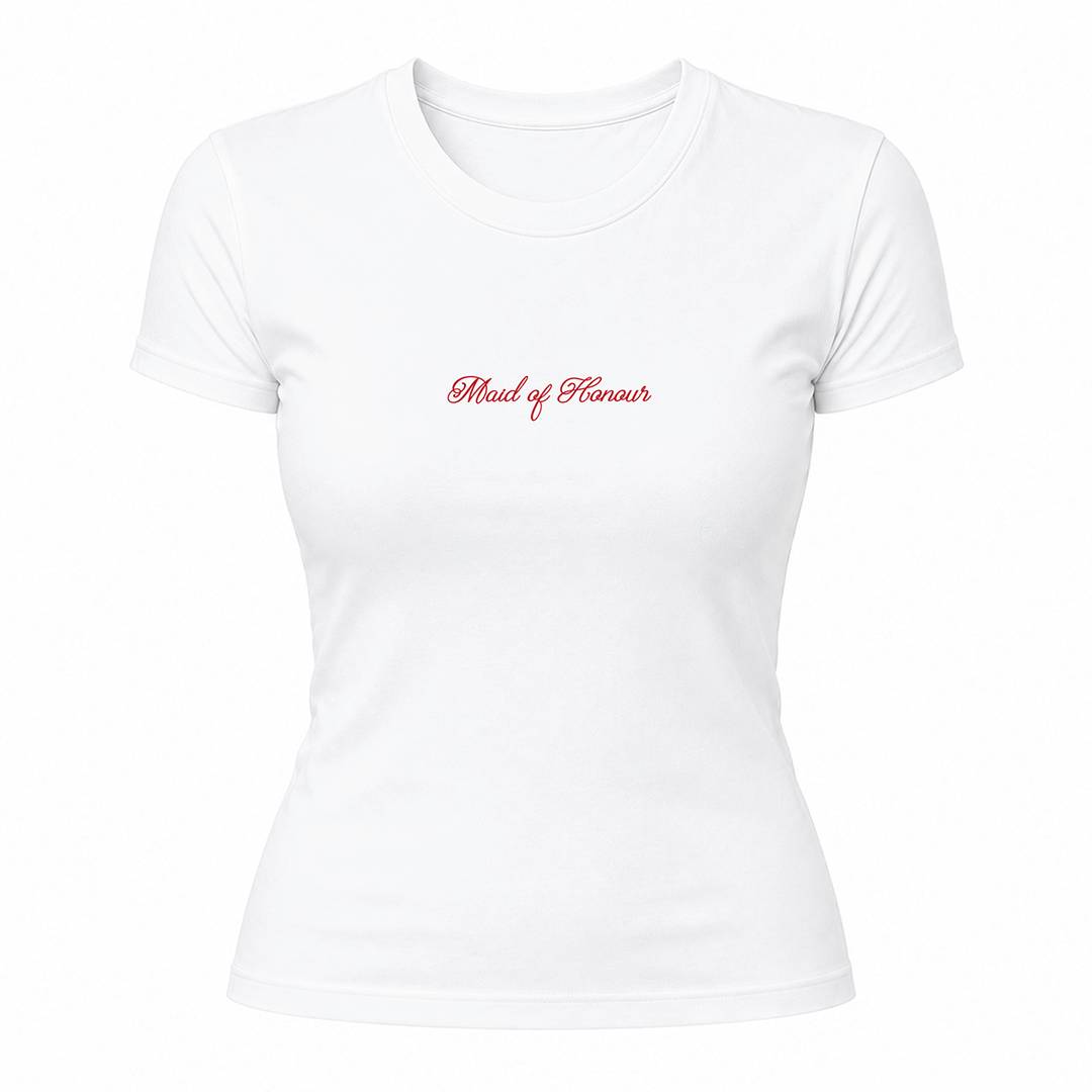 Ladies Maid of Honour Baby Tee | Fitted White Hen Do T-Shirt with Red Print | 100% Cotton