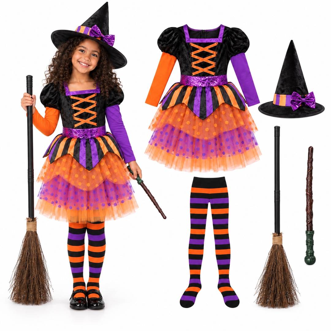 Girls Halloween Witch Costume | Complete Set with Broom and Wand