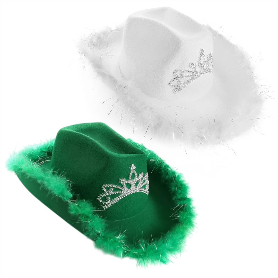 Fluffy Cowgirl Hats White & Green | Marabou Trim & Tiara | Set of 2