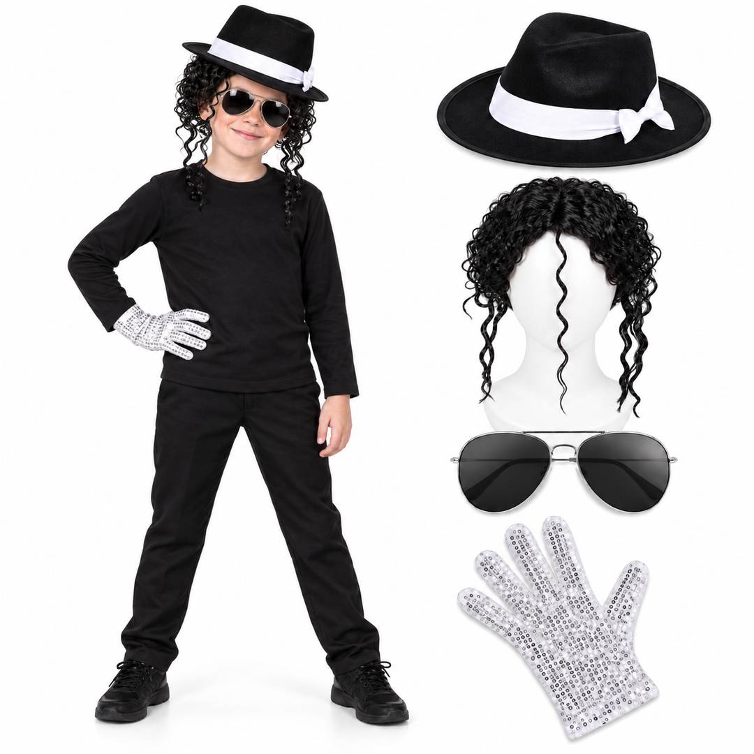 Kids Pop Star Costume Set | Wig Glasses Glove Hat Fancy Dress