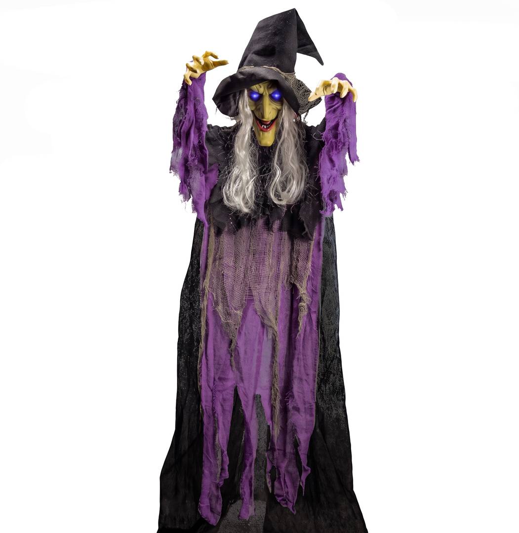 Halloween Cackling Witch Animatronic Grimelda | 5ft Prop Light-Up Eyes