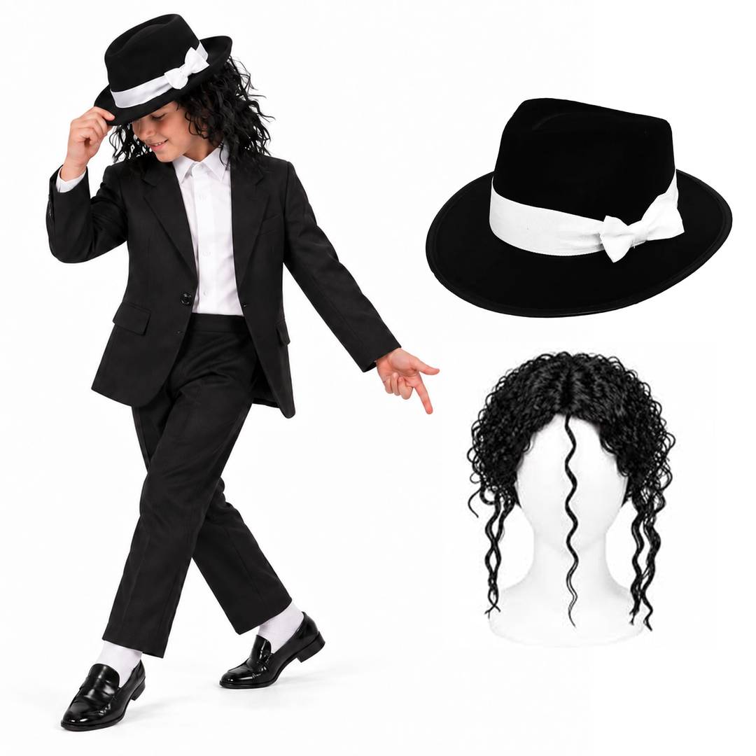 Kids Halloween King of Pop Costume | Black Suit Hat Wig