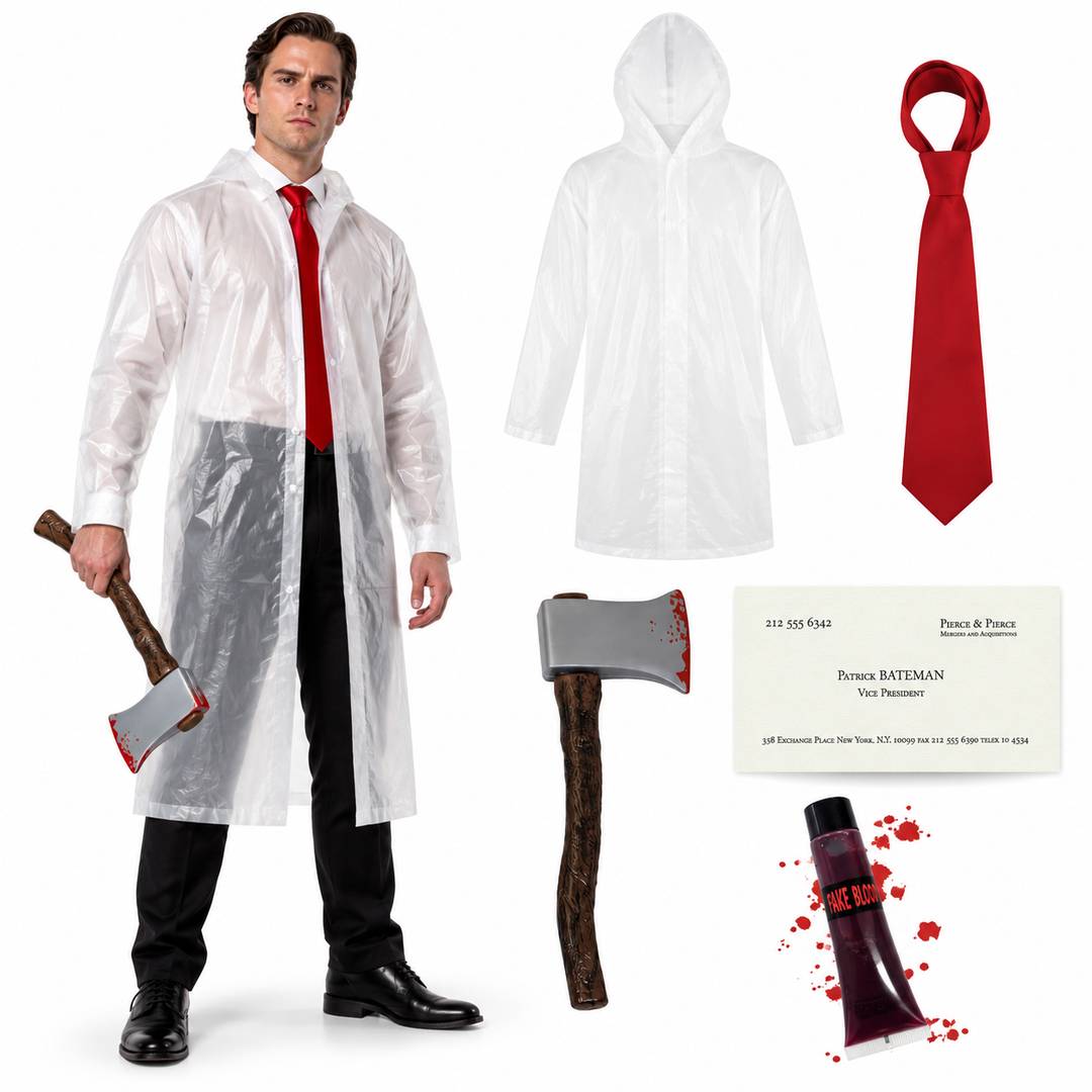 Mens American Psycho Costume | Halloween Raincoat Axe Tie Set