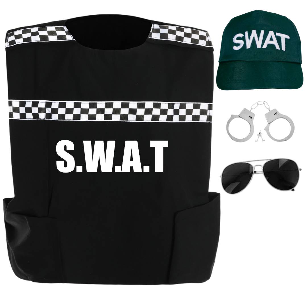 Adult SWAT Police Costume Set | Fancy Dress Vest, Cap & Accessories