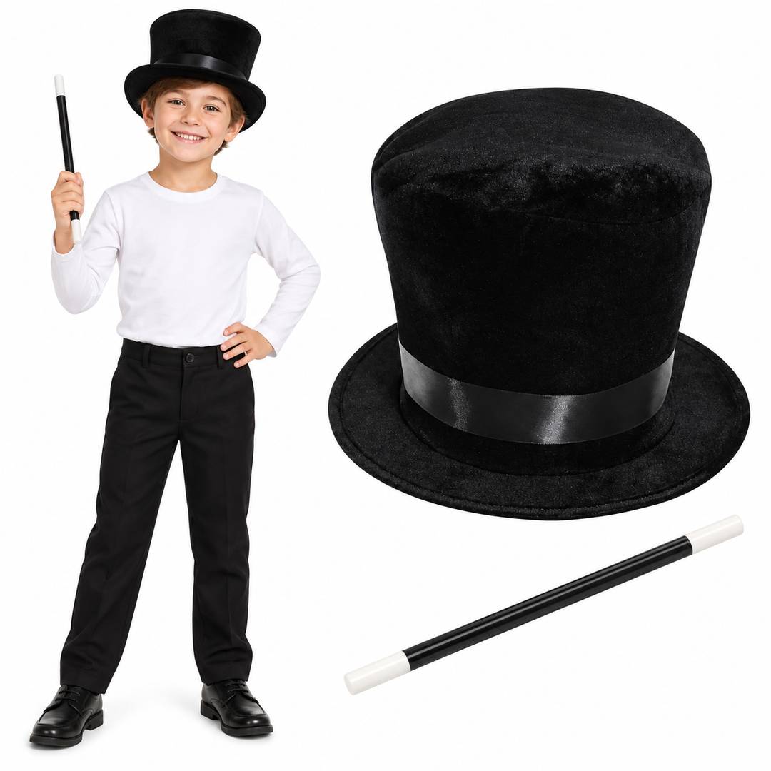 Kids Magician Top Hat & Wand Set | Black Fancy Dress Costume Accessory