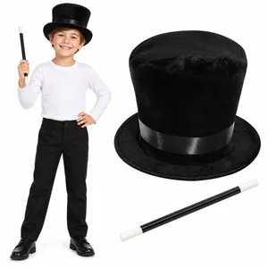 Kids Magician Top Hat & Wand Set | Black Fancy Dress Costume Accessory