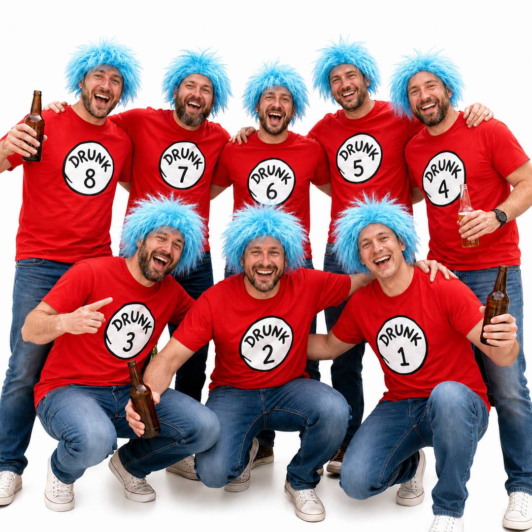 Adults Darts Group Fancy Dress Costume | Set of 8 | 8 Red Numbered T-Shirts & 8 Blue Spiky Wigs | Cotton