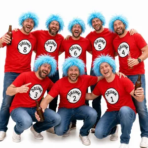 Adults Darts Group Fancy Dress Costume | Set of 8 | 8 Red Numbered T-Shirts & 8 Blue Spiky Wigs | Cotton