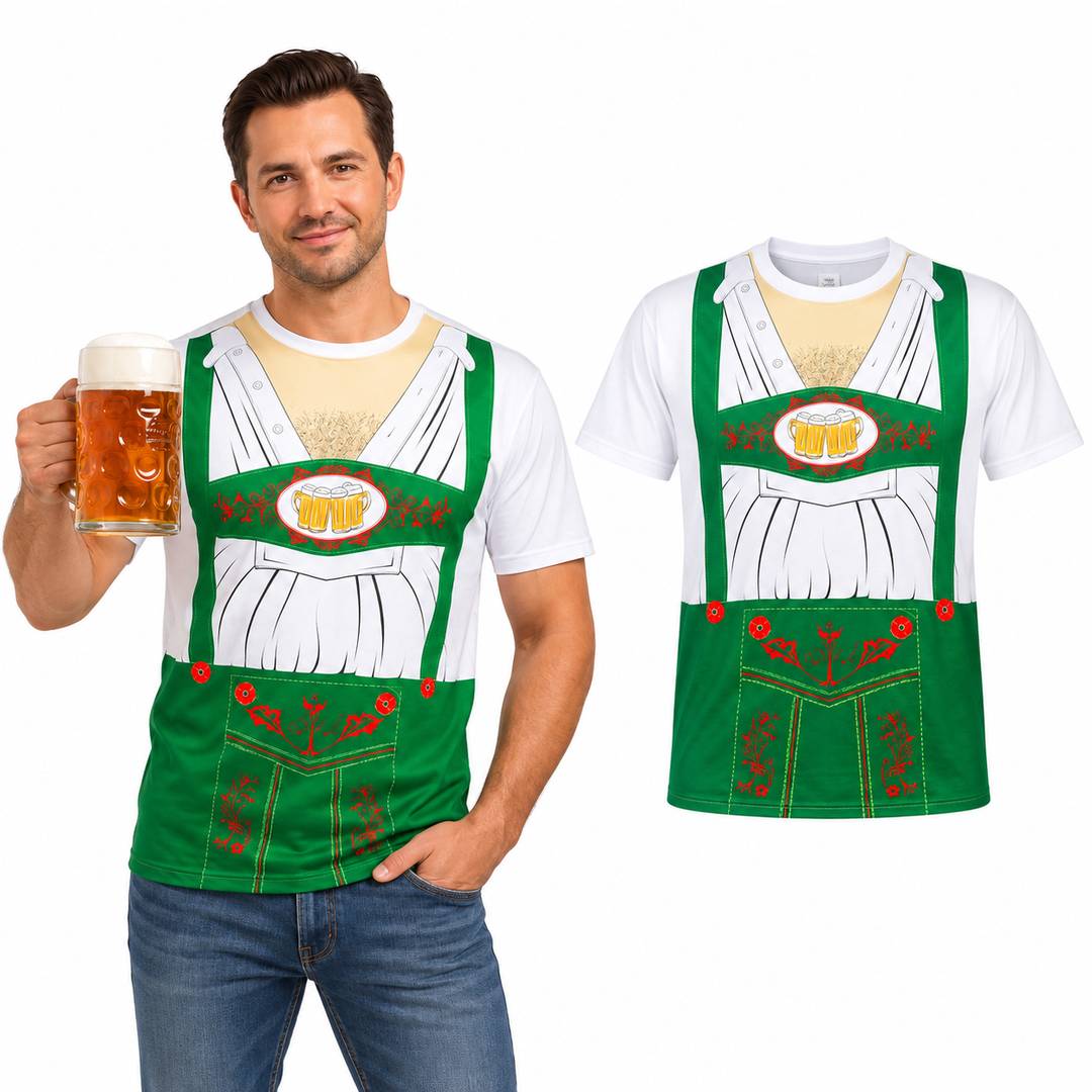 Mens Oktoberfest Bavarian T-Shirt - Green Lederhosen Costume Top