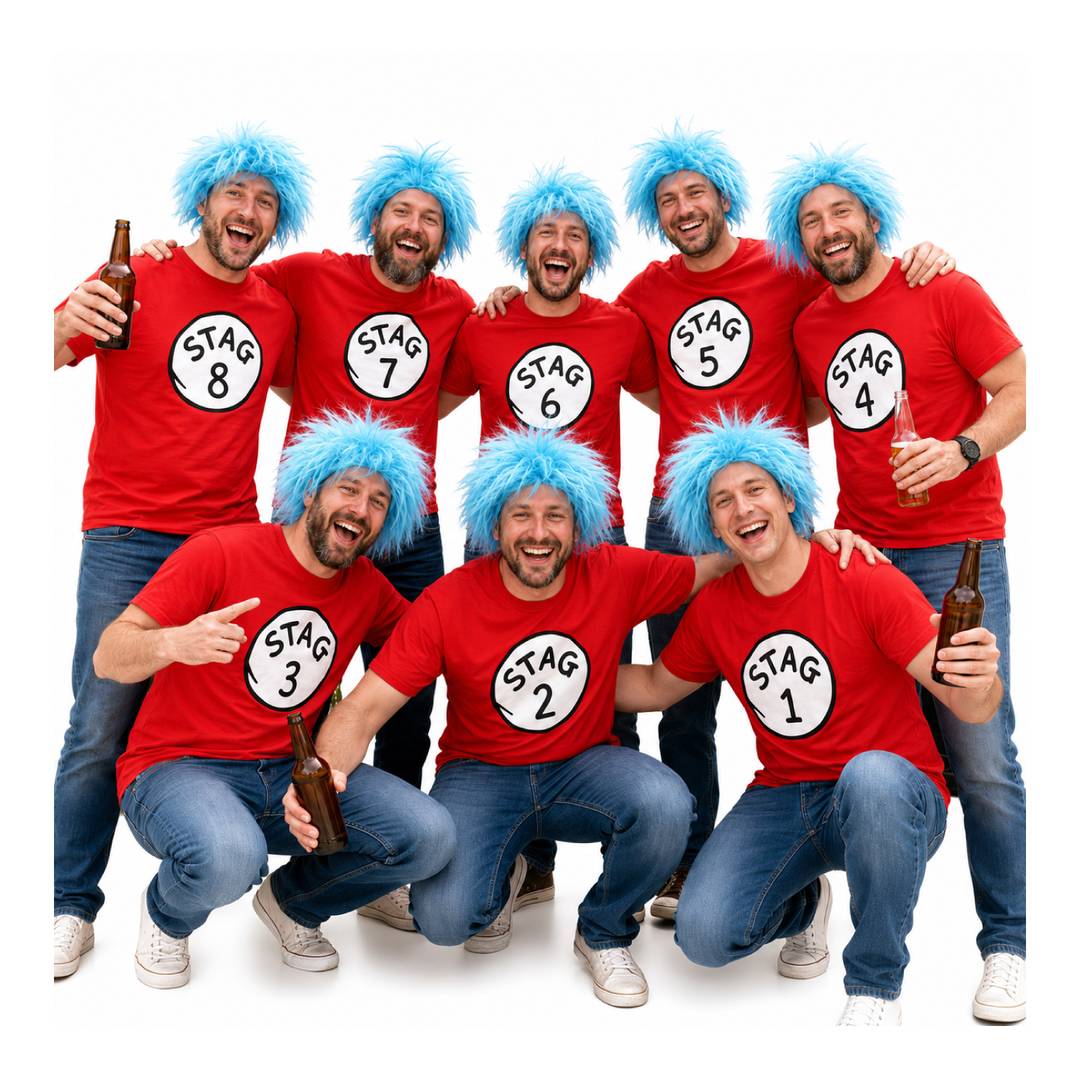 Adults Stag Do Group Costume | Pack of 8 Numbered Red T-Shirts & 8 Blue Wigs | 100% Cotton