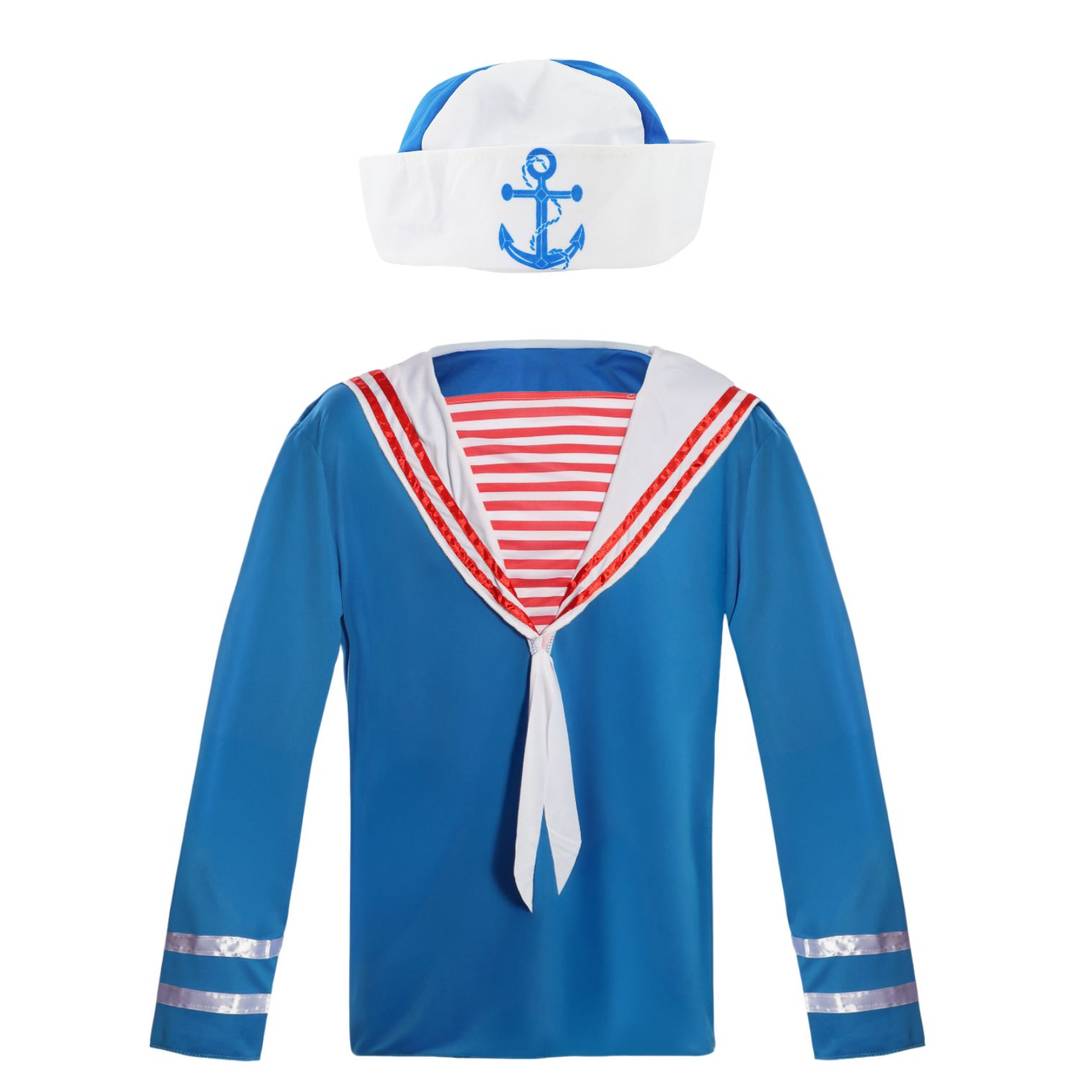 2pc Blue Sailor Costume | Long-Sleeved Top & Anchor Hat | Nautical Fancy Dress Outfit