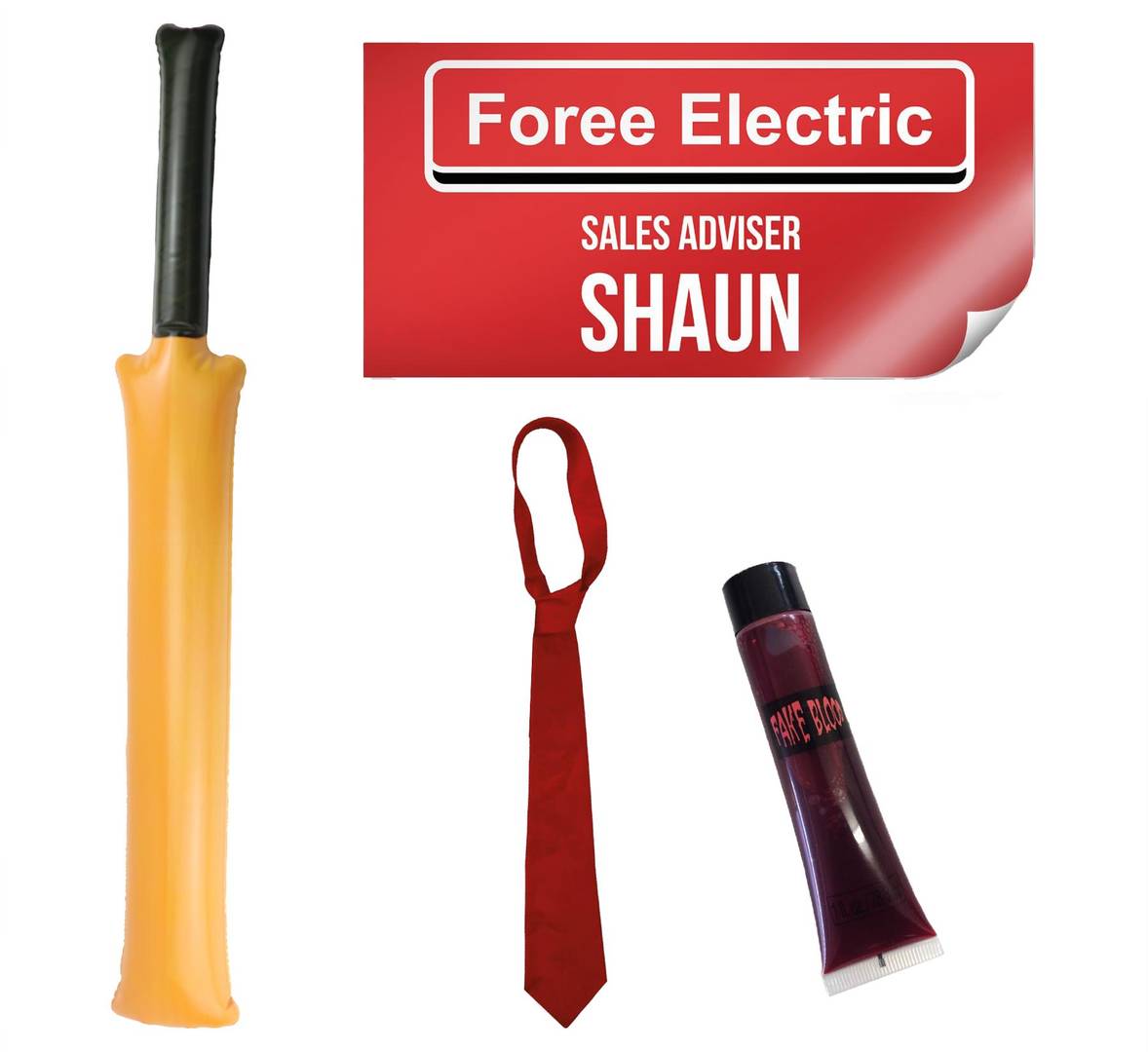 Adults Zombie Killer Accessory Kit | 4 Piece Halloween Costume Set | Cricket Bat, Red Tie, Fake Blood & Name Tag