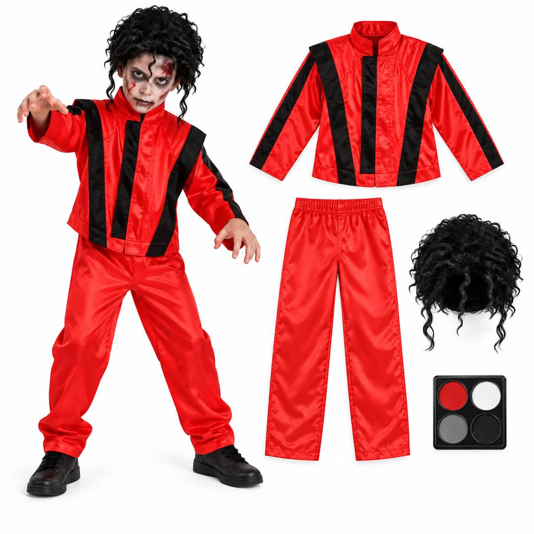 Kids Zombie Halloween Costume | Red Jacket Wig & Face Paint Set