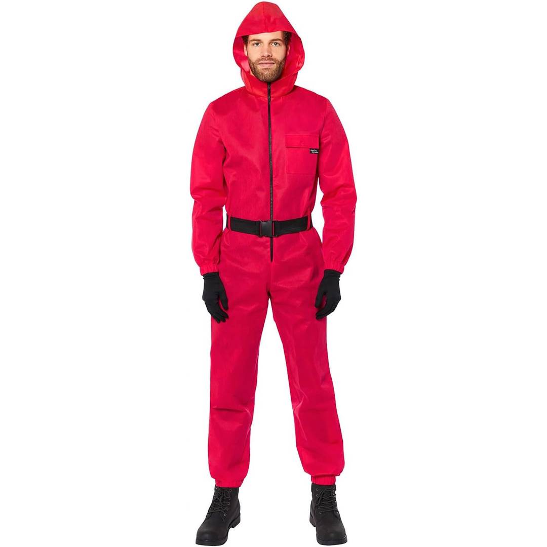 Adults Red Guard Costume | Hooded Jumpsuit Fancy Dress Outfit