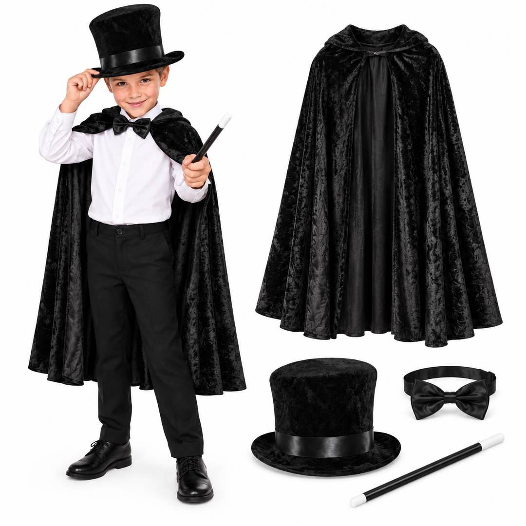 Kids Magician Costume Set | Cape, Wand, Bow Tie & Top Hat Outfit
