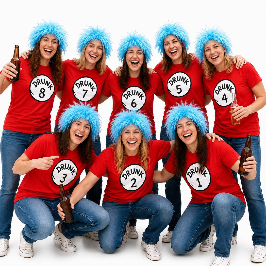 Ladies Pack of 8 Numbered Red Baby Tees & Blue Wig Group Kit | 16 Piece Darts Team Fancy Dress | Cotton Baby-Fit