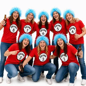 Ladies Pack of 8 Numbered Red Baby Tees & Blue Wig Group Kit | 16 Piece Darts Team Fancy Dress | Cotton Baby-Fit