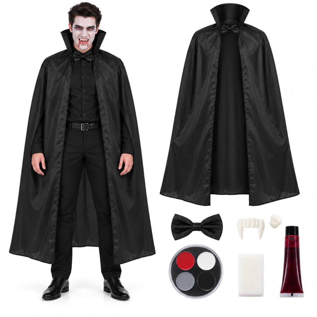 Adults Vampire Costume Set | Halloween Cape, Fangs & Face Paint Kit