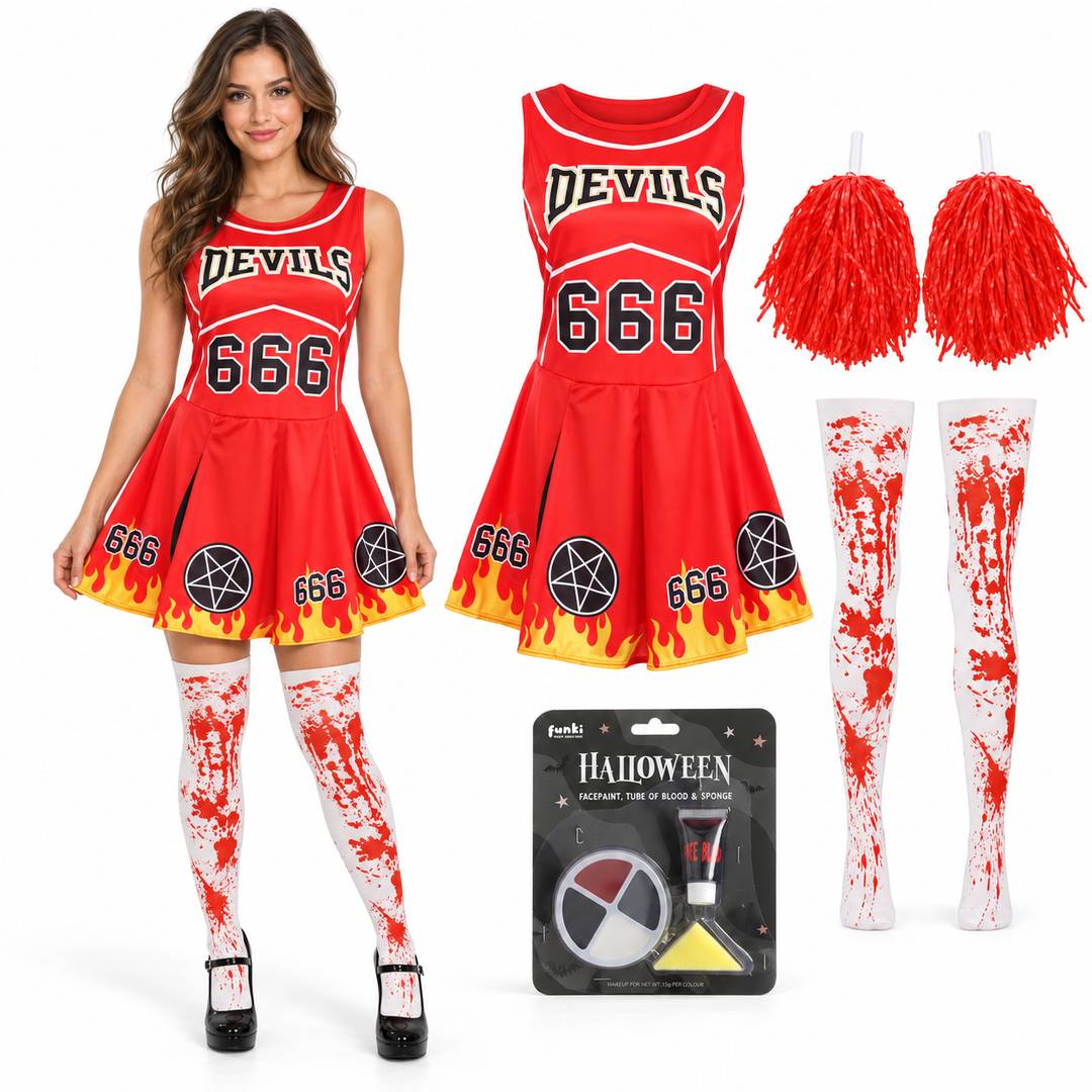 Womens Devil Cheerleader Costume | Halloween Fancy Dress Outfit Set