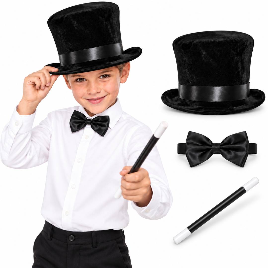 Kids Magician Fancy Dress Set | Black Top Hat, Bowtie & Wand