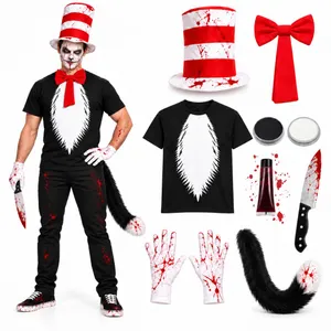 Adults Killer Cat Halloween Costume | Belly Print T-Shirt & Blood Knife Set