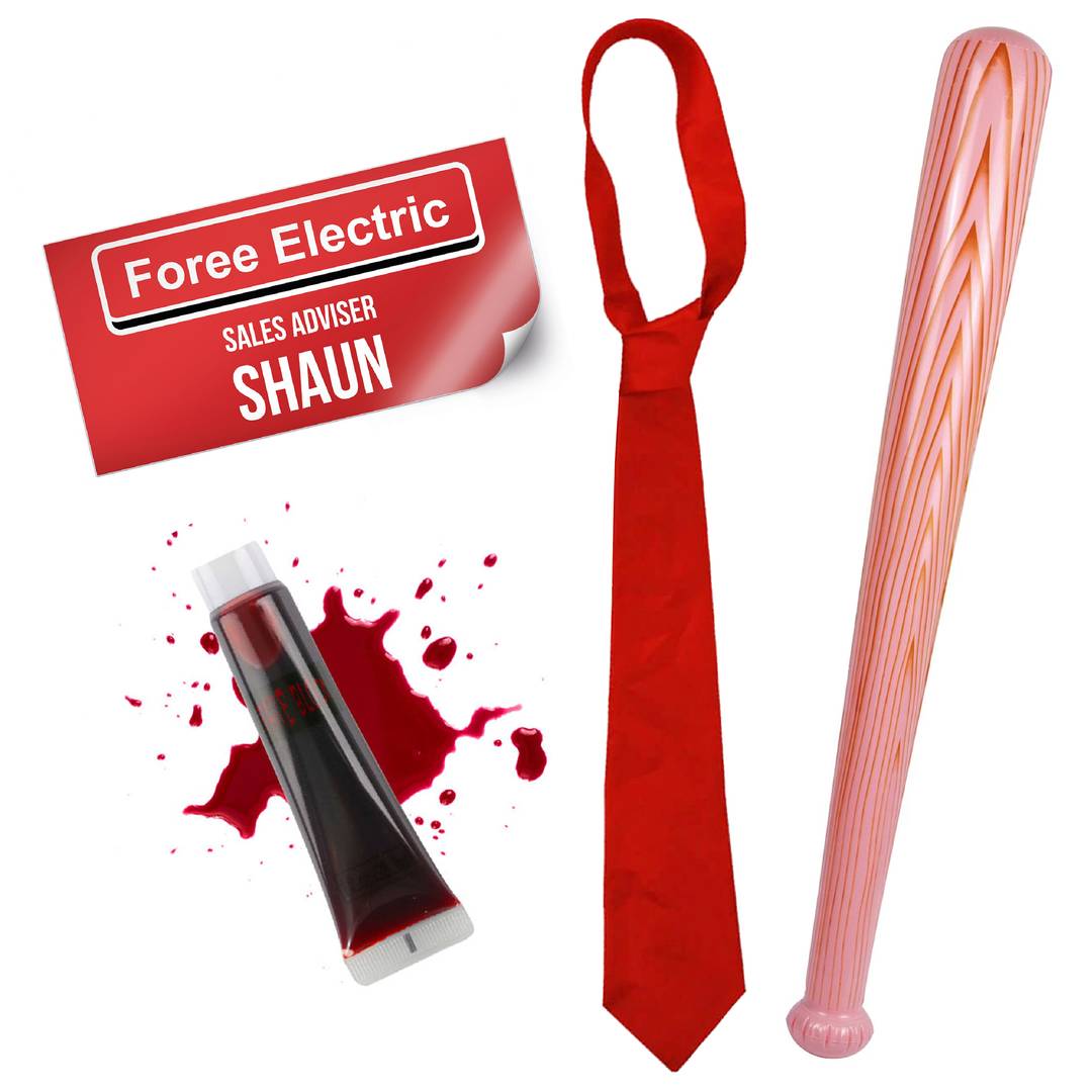 Adults Zombie Killer Costume Accessory Kit | 4 Pcs | Inflatable Baseball Bat, Red Tie, Name Badge & Fake Blood