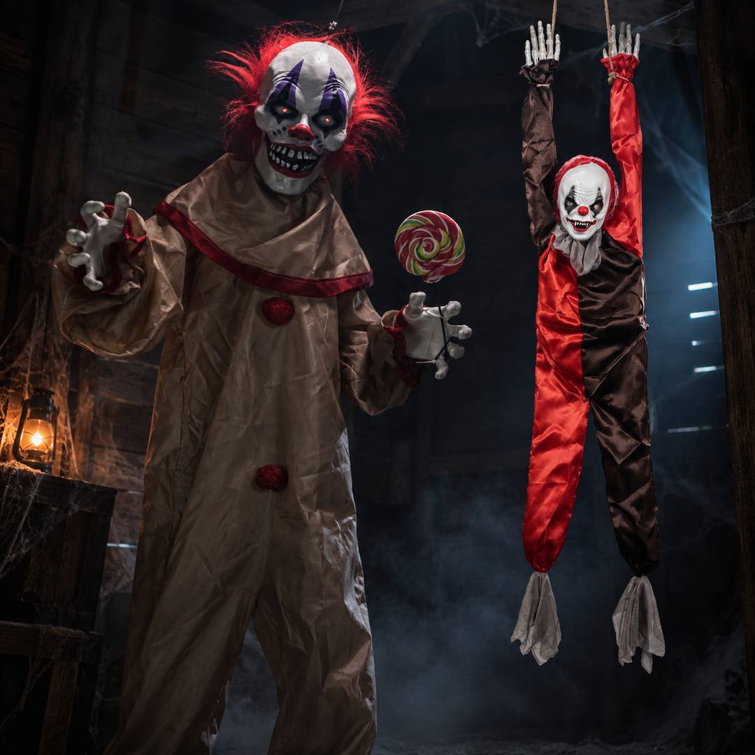 Adult Halloween Animatronic Hanging Clowns | Red Decoration Prop Set