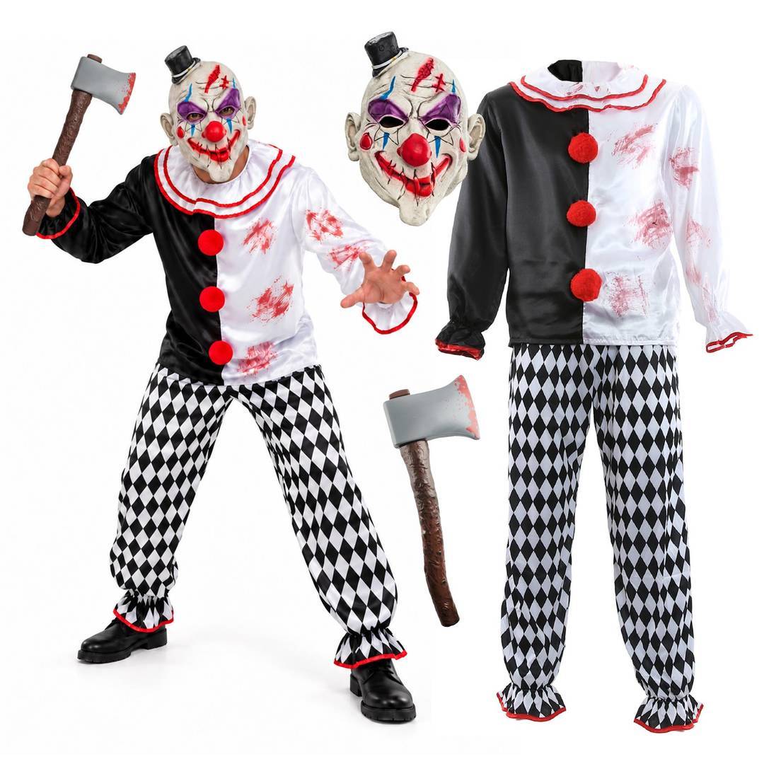 Adults Killer Clown Costume | Halloween Mask & Axe Fancy Dress