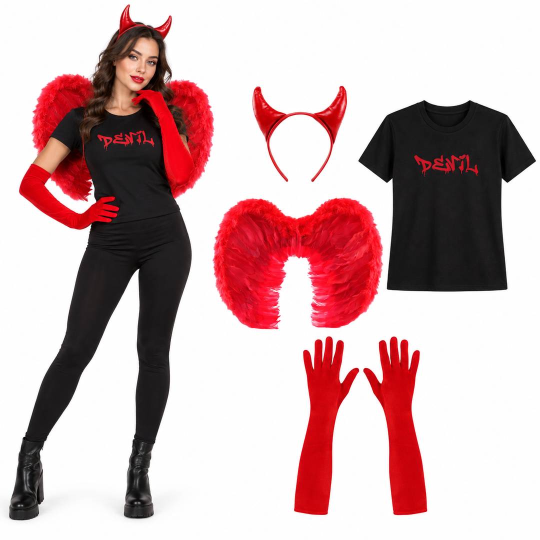 Adult Devil Halloween Costume Set | Fancy Dress T-Shirt & Wings