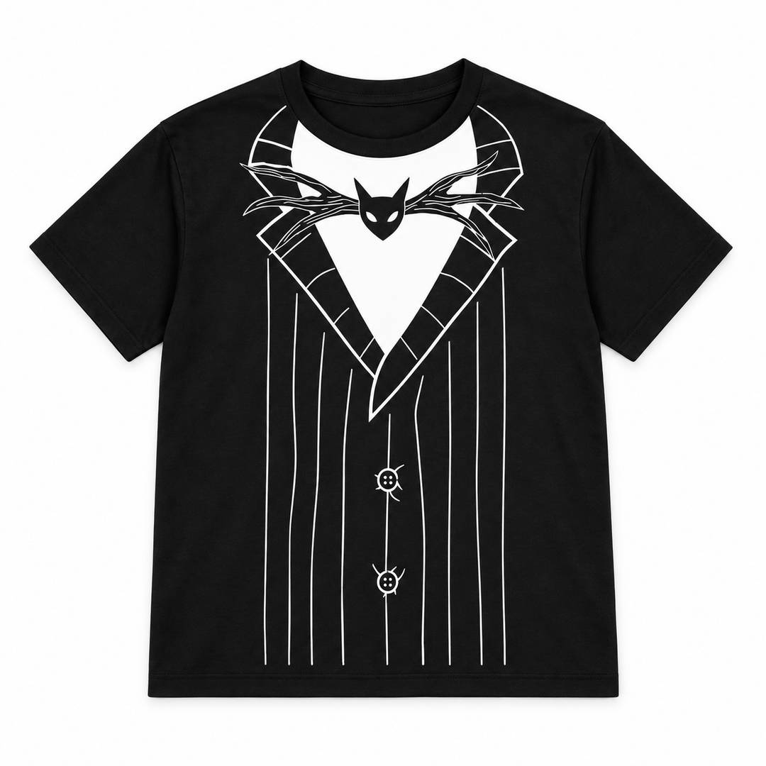 Ladies Halloween Skeleton Baby Tee | Pinstripe Suit Print T-Shirt