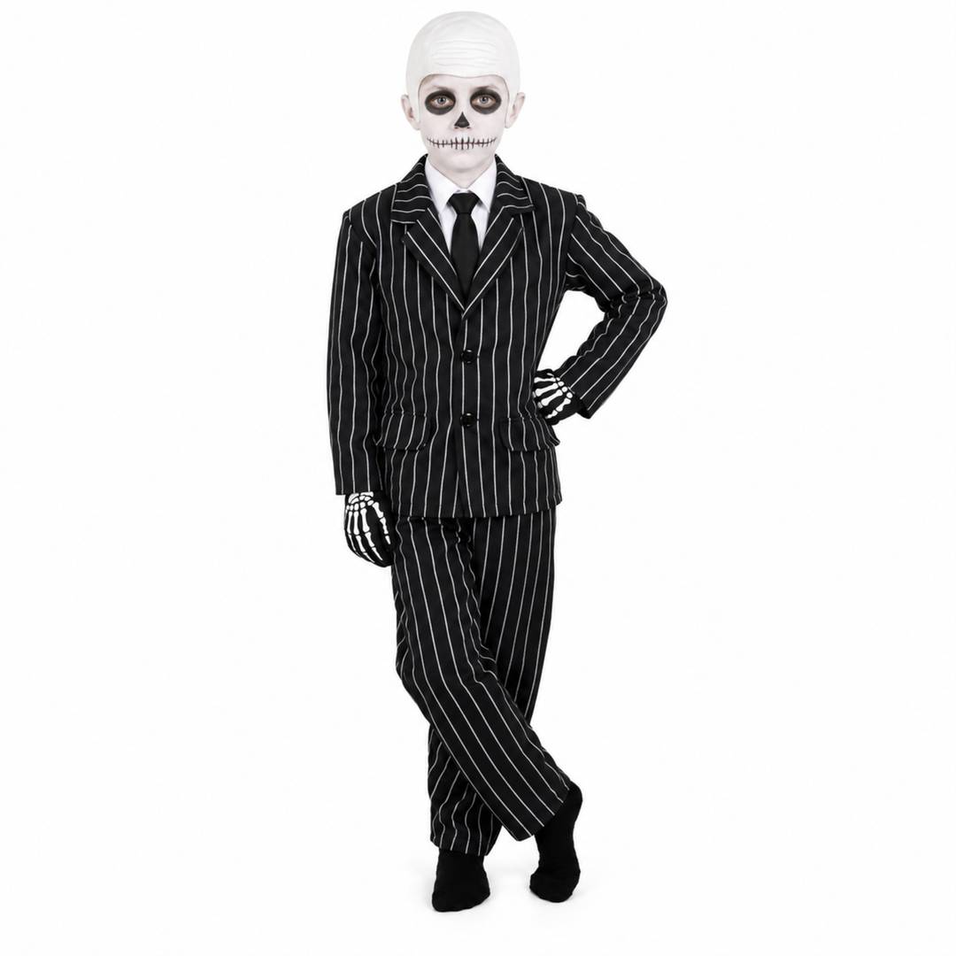 Kids Skeleton Pinstripe Suit Costume | 6 Piece Halloween Set