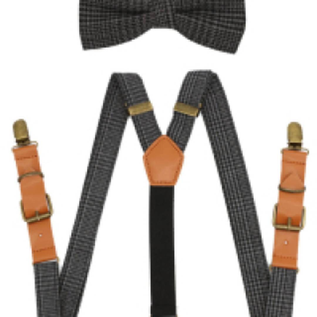 Grey Tweed Suspenders Braces and Bow Tie