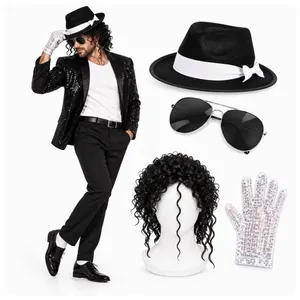 Adult 80s Pop Icon Costume Set | Wig Glasses Glove Fancy Dress Hat