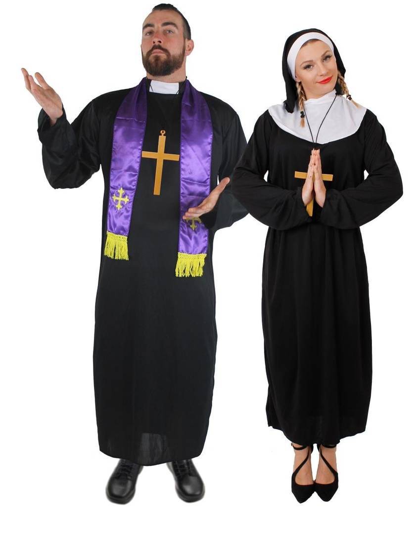 Adult Priest & Nun Halloween Couples Costume | Black Robe Tunic Gold Cross Set