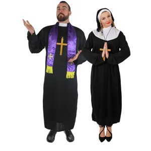 Adult Priest & Nun Halloween Couples Costume | Black Robe Tunic Gold Cross Set