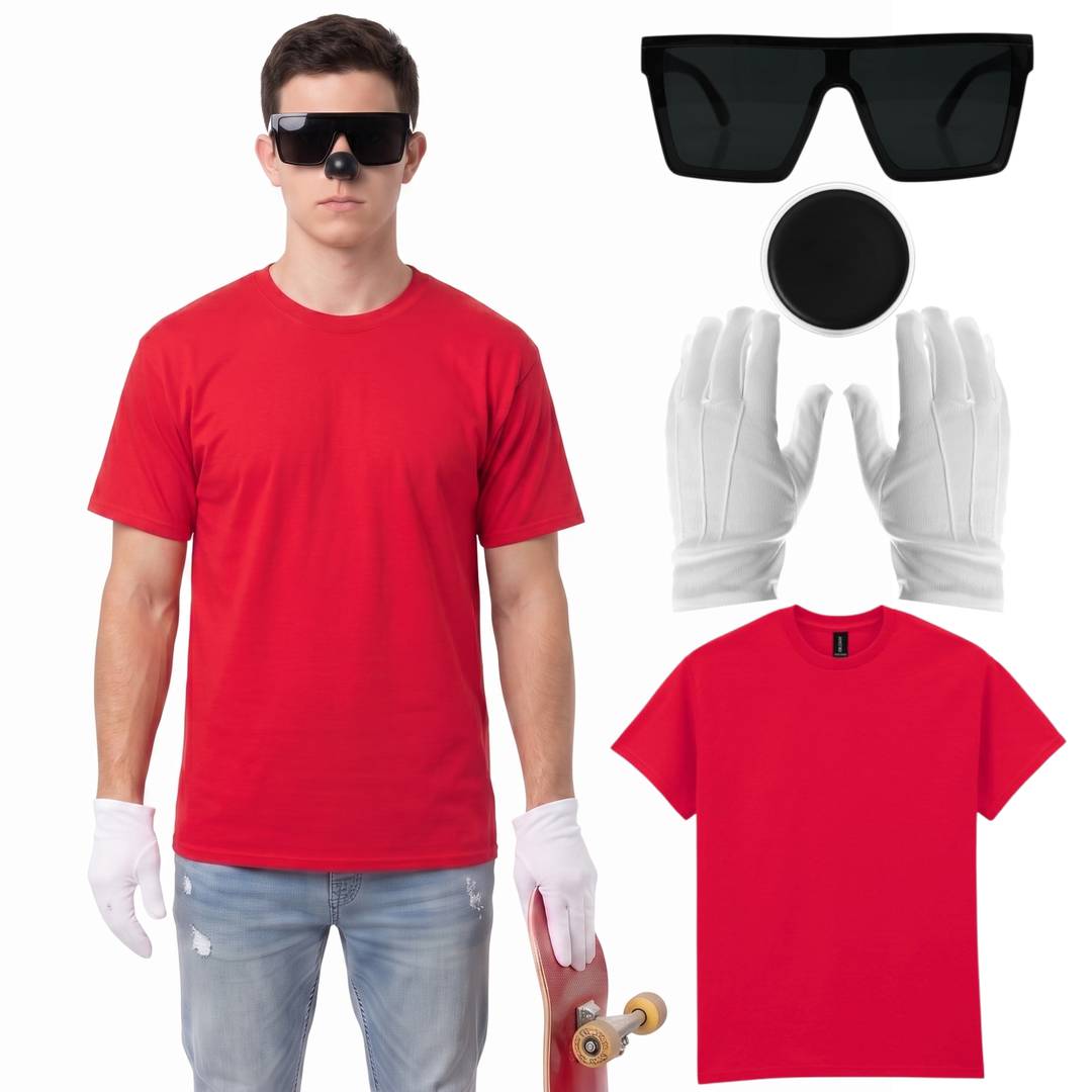 Adults 90s Cartoon Character Costume Kit | 4 Piece Set | Red T-Shirt, White Gloves, Black Square Sunglasses & Face Paint