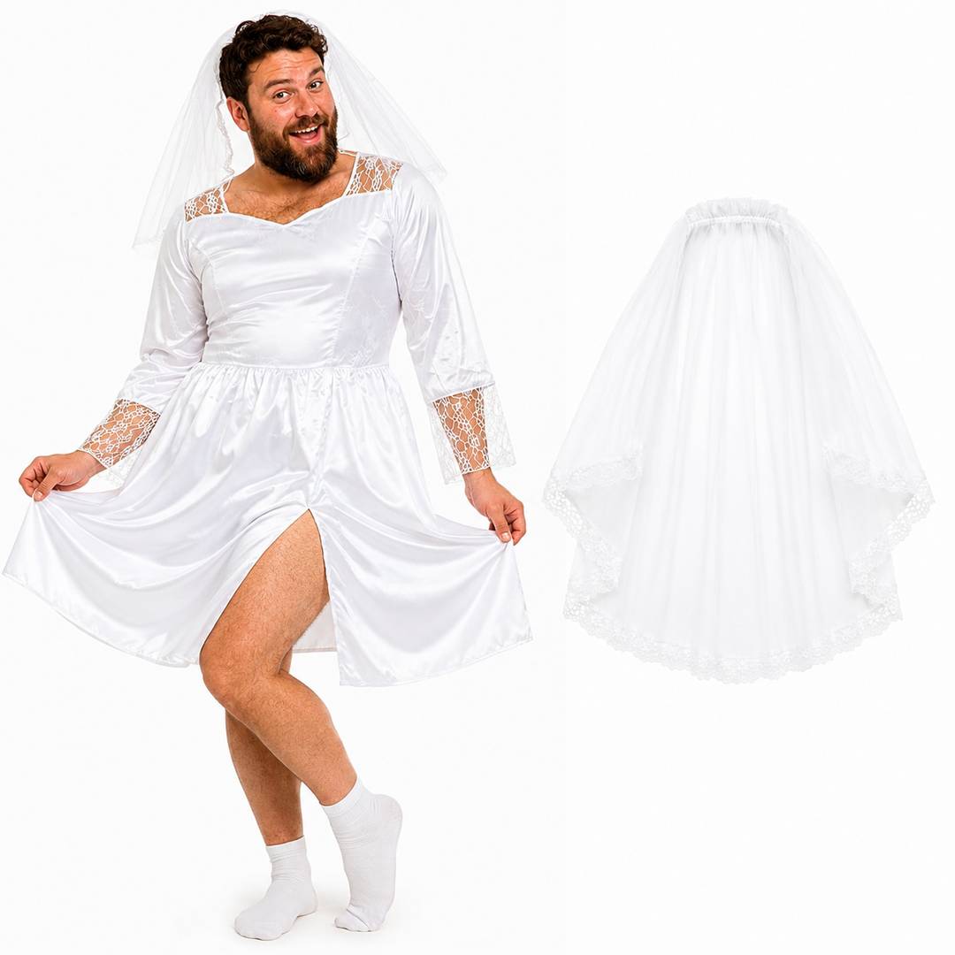 Mens Stag Do Wedding Dress | Novelty Bachelor Party Bride Costume | Full-Length White Polyester