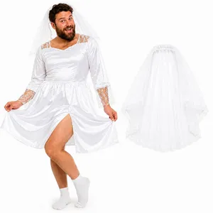Mens Stag Do Wedding Dress | Novelty Bachelor Party Bride Costume | Full-Length White Polyester