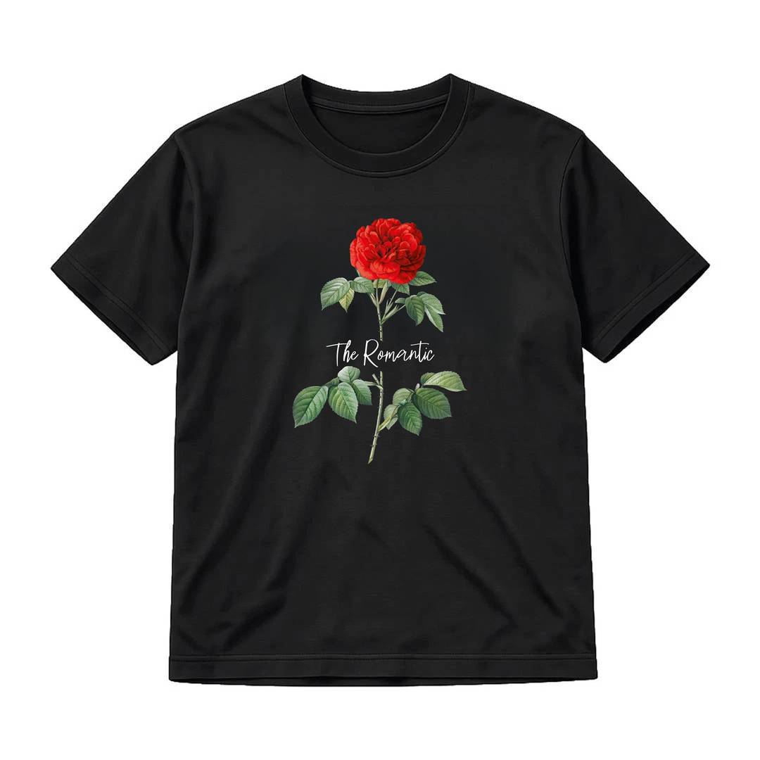Adults The Romantic Classic Rose Black T-Shirt - Unisex Short Sleeve Cotton Graphic Tee with Red Rose Print - Womens Mens Concert Tour Music Fan Gift Top