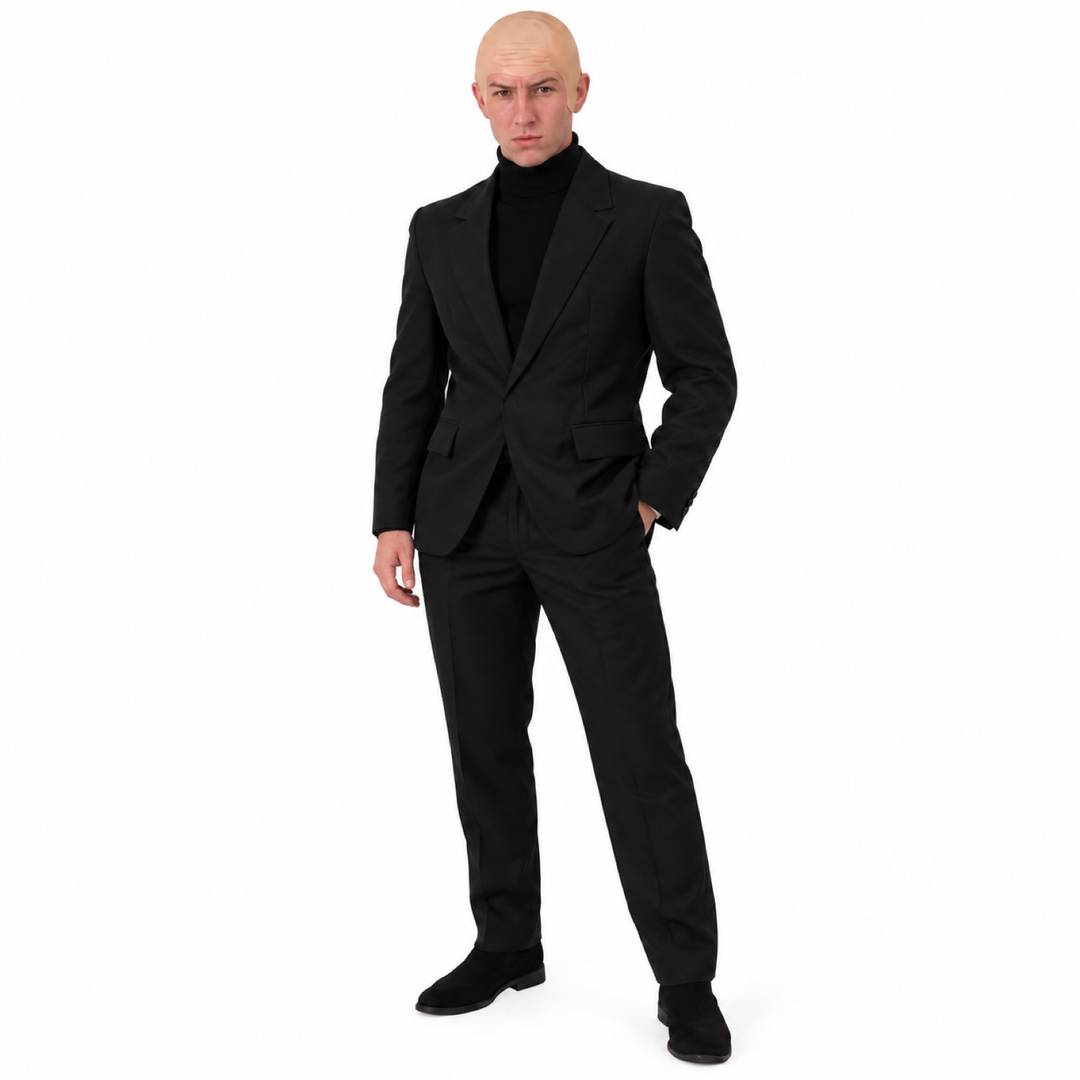 Mens Halloween Secret Agent Costume | Black Suit & Bald Cap Set | I ...