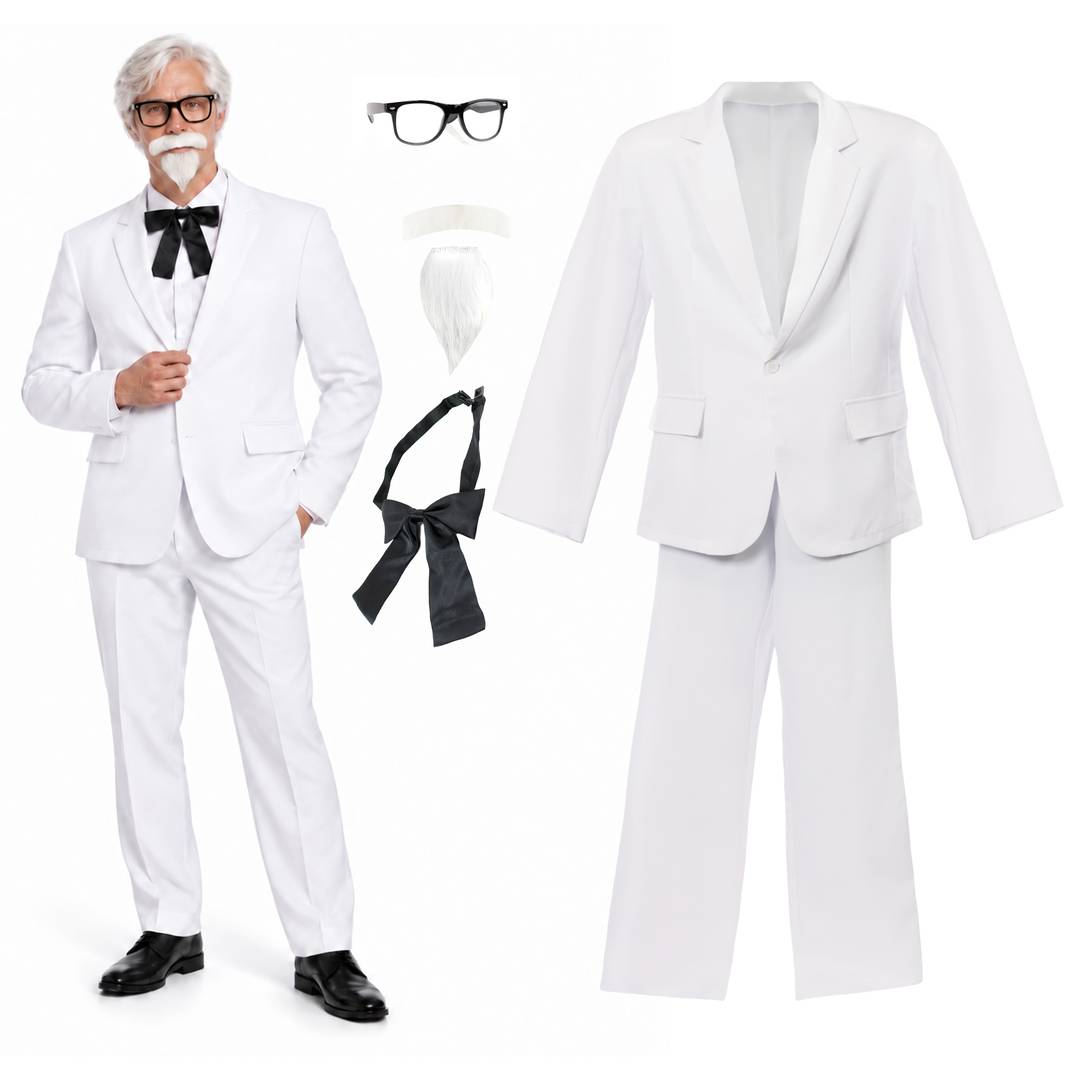 White Suit Costume Set | Moustache Glasses & Bow Tie Accessories