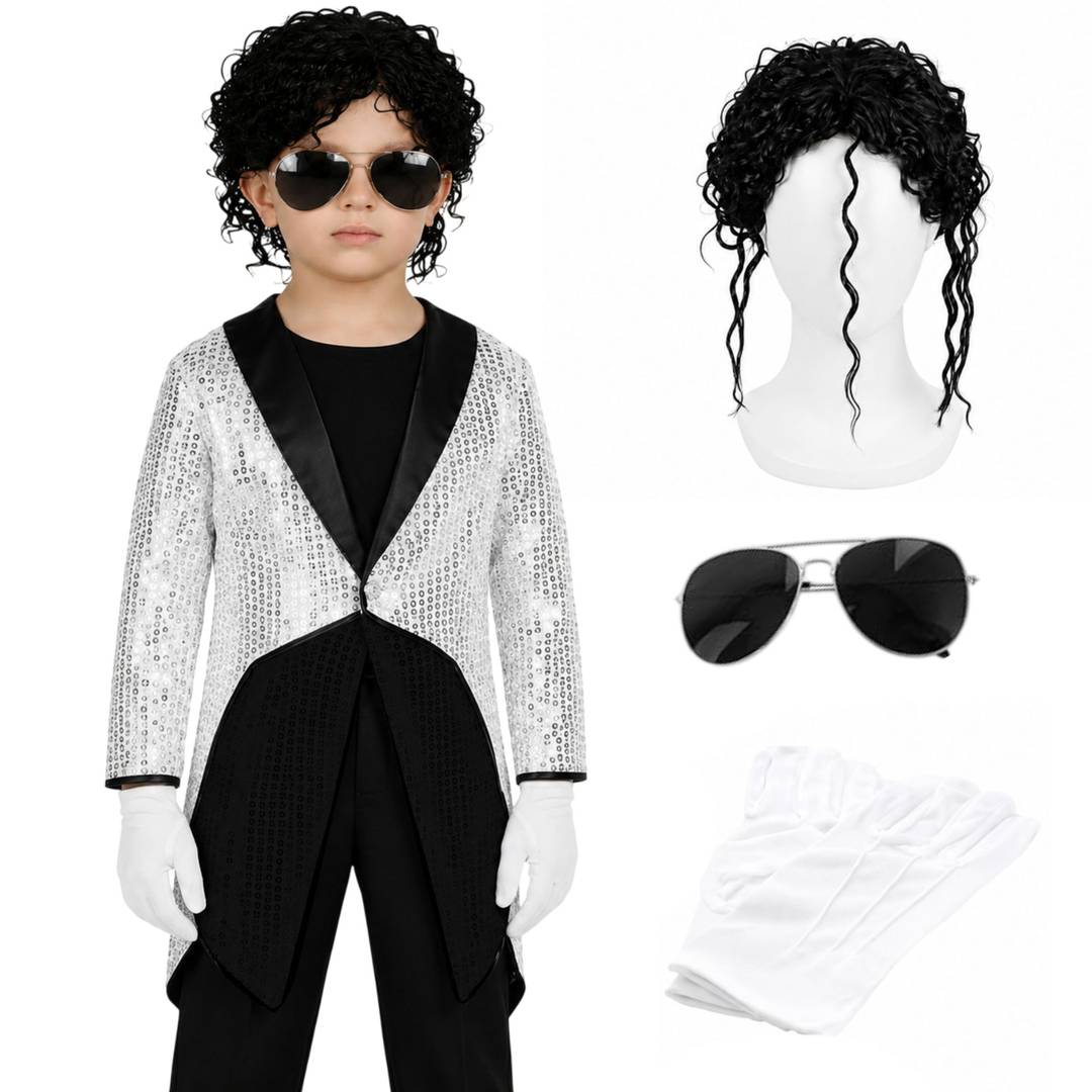 Kids King Of Pop Costume Set | Curly Wig, Aviator Sunglasses & Pair of White Gloves | Lightweight Polyester Sequin Build