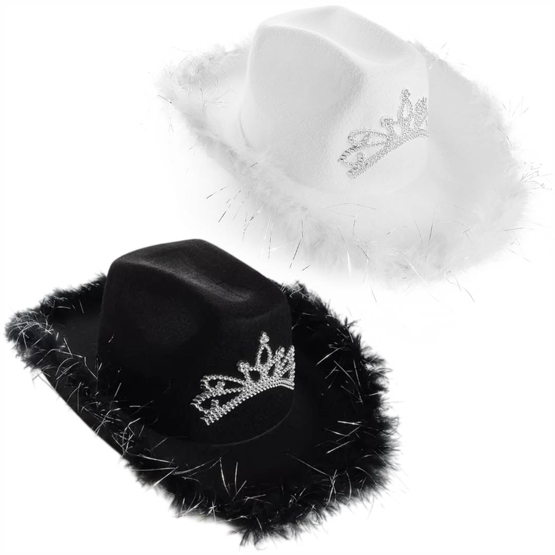 Black & White Marabou Cowboy Hats with Tiara | Pack of 2 | Hen Do Fancy Dress