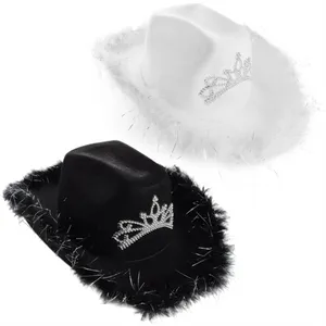 Black & White Marabou Cowboy Hats with Tiara | Pack of 2 | Hen Do Fancy Dress