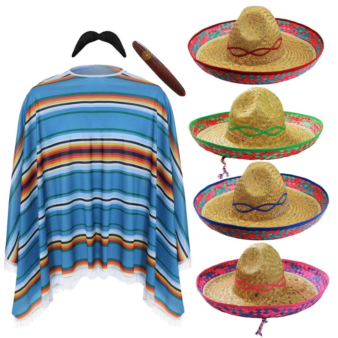 Adults Mexican Poncho & Sombrero Costume Set | 4 Piece Fiesta Fancy Dress | Straw Hat, Moustache & Cigar