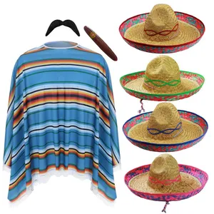 Adults Mexican Poncho & Sombrero Costume Set | 4 Piece Fiesta Fancy Dress | Straw Hat, Moustache & Cigar