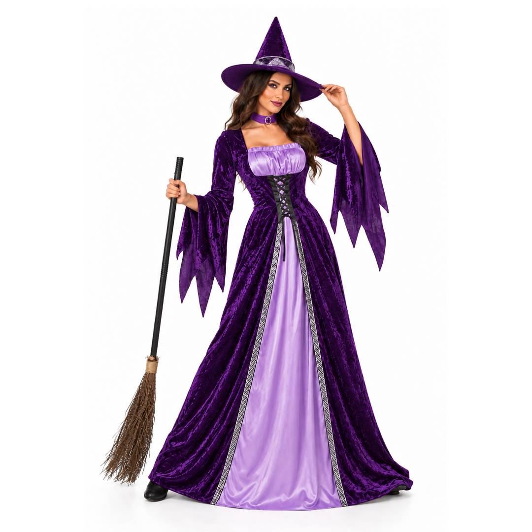 Womens Halloween Witch Costume + Broom | Purple Fancy Dress Set