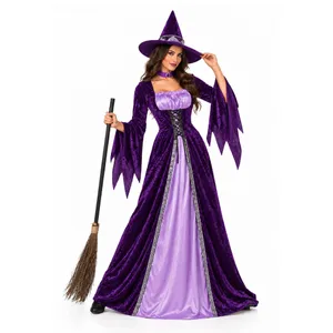 Womens Halloween Witch Costume + Broom | Purple Fancy Dress Set