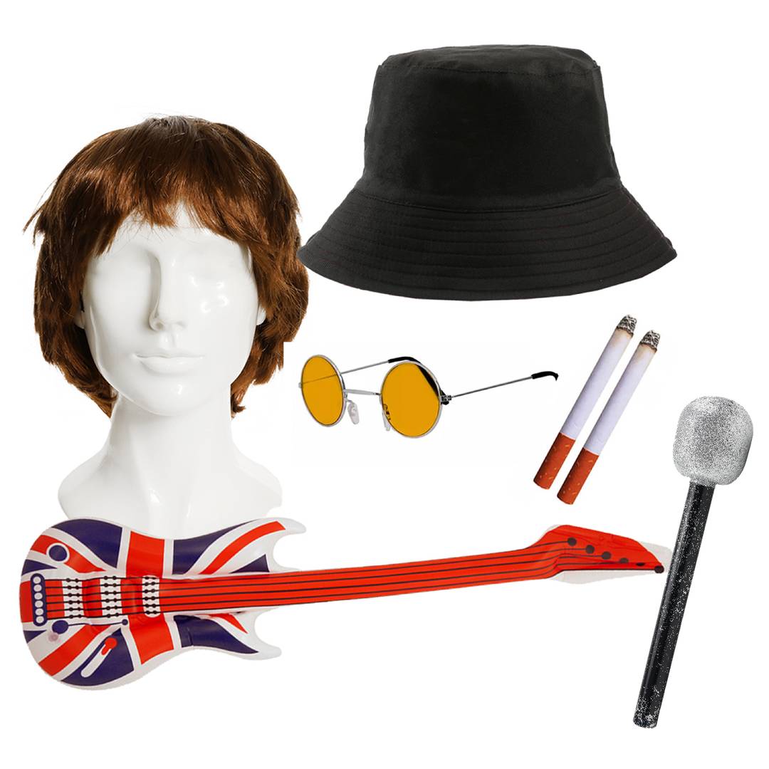 1990s Britpop Accessory Set | Black Hat, Brown Wig, Orange Glasses, Inflatable Guitar & Mic