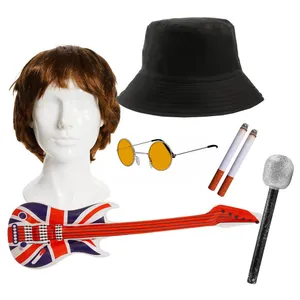 1990s Britpop Accessory Set | Black Hat, Brown Wig, Orange Glasses, Inflatable Guitar & Mic